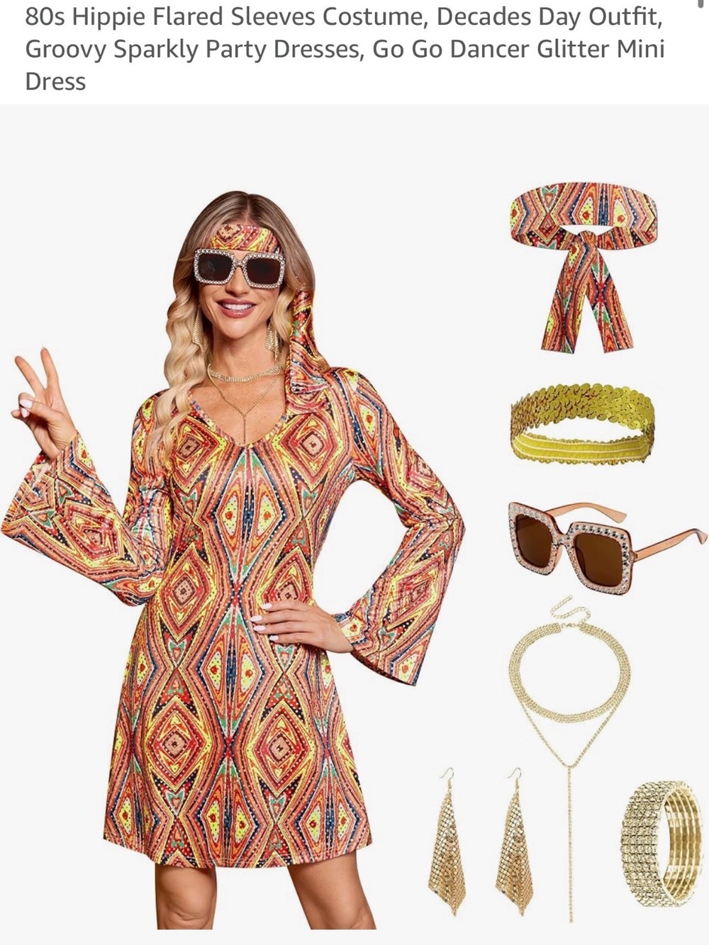 Women's Halloween 7 Pcs Disco Dress Sequin 70s Costume Outfit 80s Hippie Sz Med